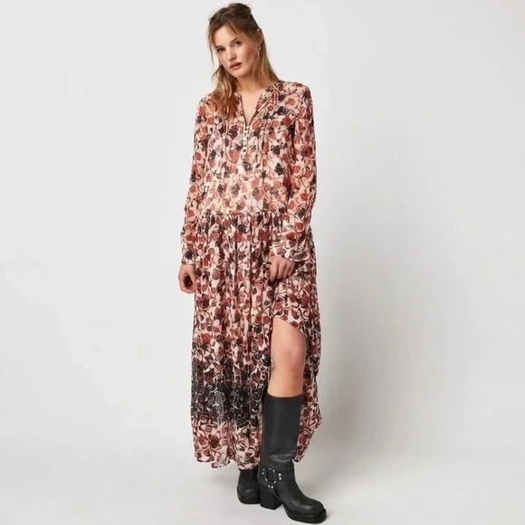 Free People See It Through Maxi Dress Cream Red Floral Boho Size Large - Picture 1 of 11